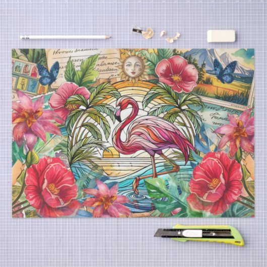 Scenic Tropical Stained Glass Flamingo Decoupage Tissuepapier (Craft)