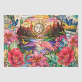 Scenic Tropical Stained Glass Flamingo Decoupage Tissuepapier