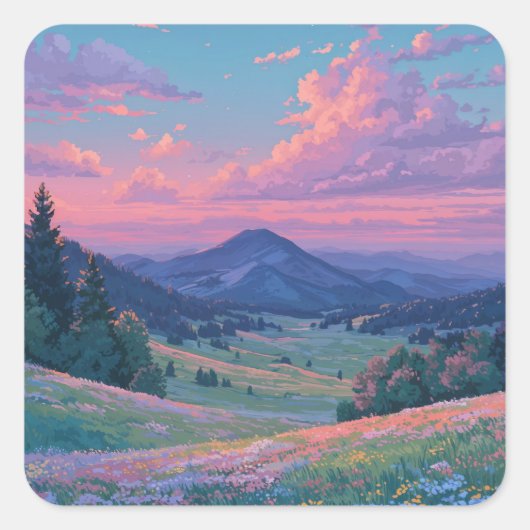 Scenic Wildflower Valley and Mountain Peak Vierkante Sticker (Voorkant)