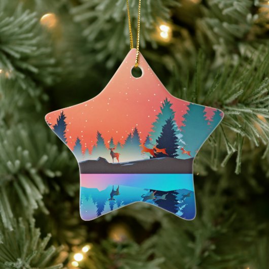 Scenic Winter Lake with Deer Christmas Keramisch Ornament (Boom)