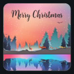 Scenic Winter Lake with Deer Christmas Vierkante Sticker<br><div class="desc">Kerst stickers met een mooi grafisch ontwerp met een vreedzaam meer met herten en hoge dennenbomen die in het water tot uiting komen. Sterren hangen boven.</div>