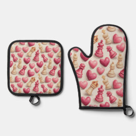 Schaak & Harten Valentijnspatroon Ovenwant & Pannenlap Set
