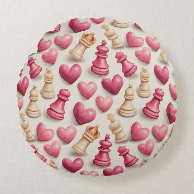 Schaak & Harten Valentijnspatroon Rond Kussen (Voorkant)