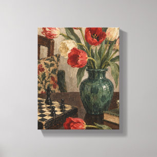 Schaakbord en Wilde Tulpen – Verzamelde Stilleven Canvas Afdruk