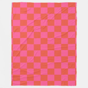 Schaakbord geruit motief in roze en oranje fleece deken