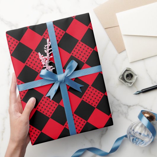 Schaakbord rood & zwart buffelplaid modern cadeaupapier (Geschenken)