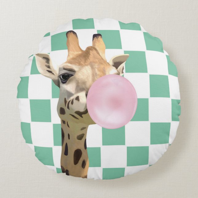 Schaakbord Roze Bubblegum Blazende Giraffe Rond Kussen (Voorkant)