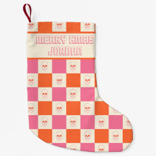 Schaakbordschedels in roze, Sinaasappel en crème Kleine Kerstsok