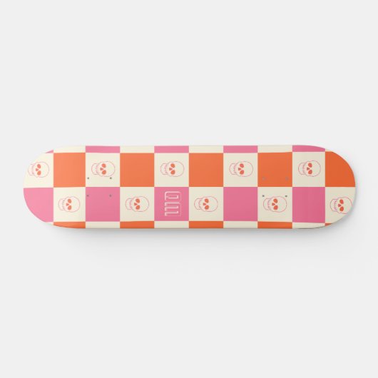 Schaakbordschedels in roze, Sinaasappel en crème Persoonlijk Skateboard (Horizontaal)