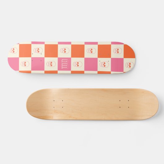 Schaakbordschedels in roze, Sinaasappel en crème Persoonlijk Skateboard (Horizontaal)