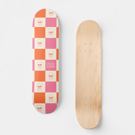 Schaakbordschedels in roze, Sinaasappel en crème Persoonlijk Skateboard (Voorkant)