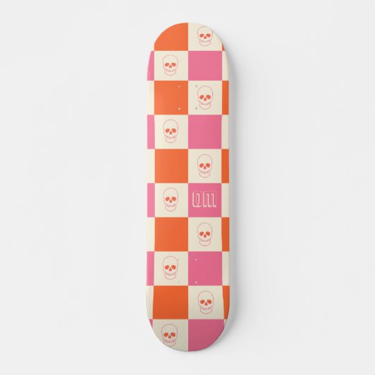 Schaakbordschedels in roze, Sinaasappel en crème Persoonlijk Skateboard (Voorkant)