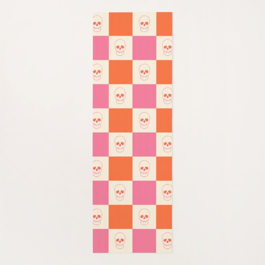 Schaakbordschedels in roze, Sinaasappel en crème Yogamat (Achterkant)