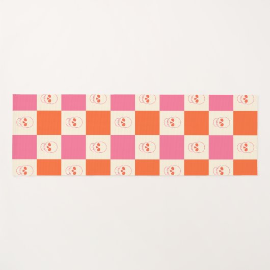 Schaakbordschedels in roze, Sinaasappel en crème Yogamat (Voorkant (horizontaal))