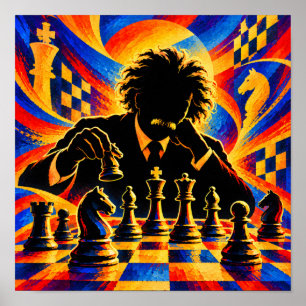 Schaakmeester diep in gedachten silhouet poster