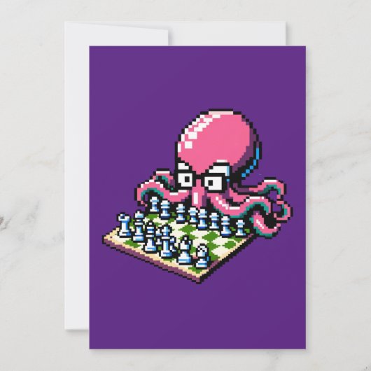 Schaakmeester Octopus - Grappige Pixel Art Strateg Feestdagenkaart (Voorkant)