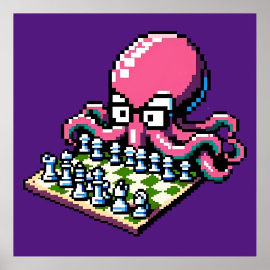 Schaakmeester Octopus - Grappige Pixel Art Strateg Poster (Voorkant)