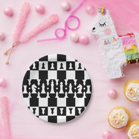 Schaakpuntspatroon - zwart-wit papieren bordje (Feest)