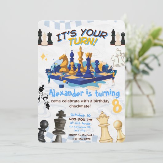 Schaakspel Verjaardag Party Uitnodiging Checkmate (Staand voorkant)