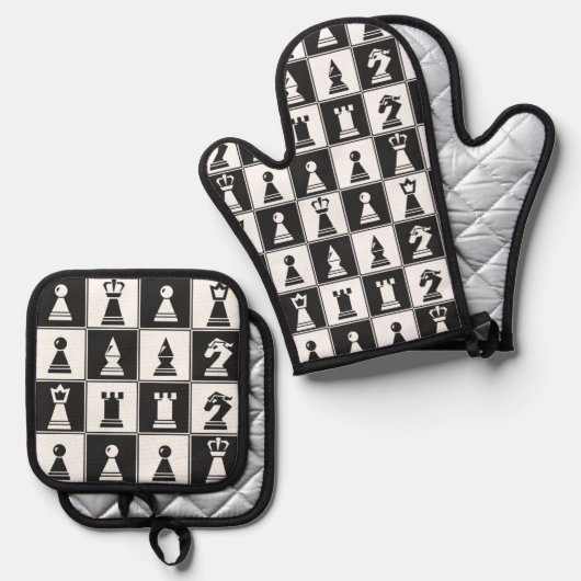 Schaakstukken Ontwerp Oven Mitt & Pothouder Set (Voorkant / Achterkant)