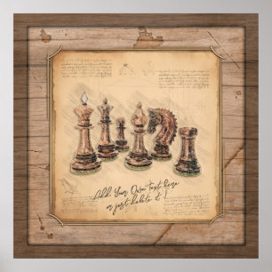 Schaakstukken op Grunge Houten Bordspeler Gift Poster