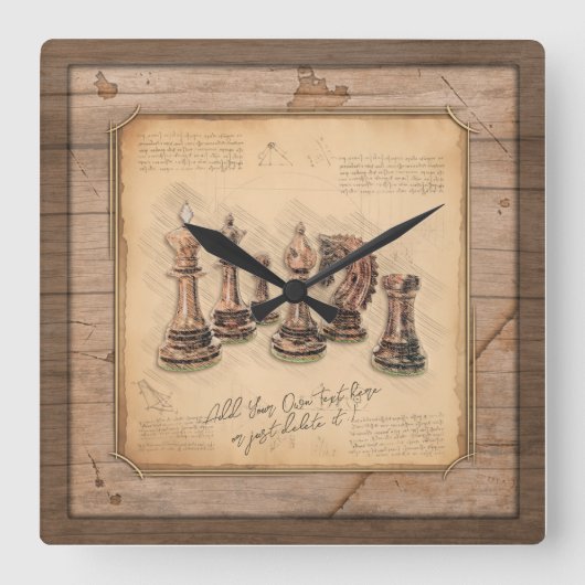 Schaakstukken op Grunge Houten Bordspeler Gift Vierkante Klok (Voorkant)