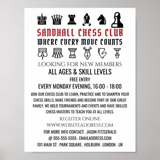 Schaakstukken, schaakclub Adverteren Poster (Voorkant)