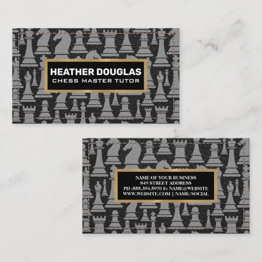 schaakstukpatroon | gestikt leer visitekaartje (Voorkant / Achterkant)