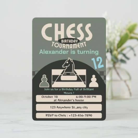 Schaaktoernooi Verjaardagsfeest Groen Thema Game Kaart (Staand voorkant)