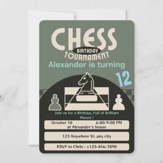 Schaaktoernooi Verjaardagsfeest Groen Thema Game Kaart (Voorkant)