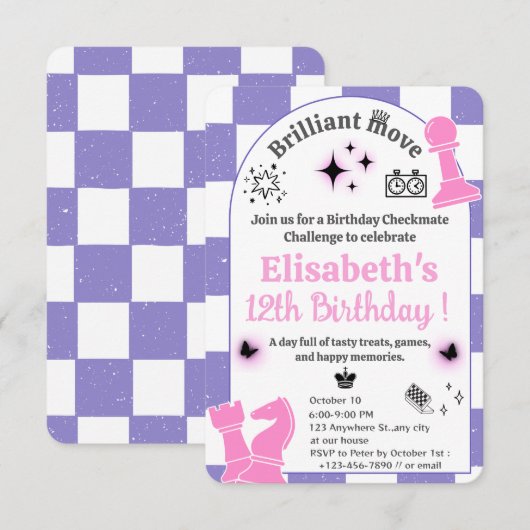 Schaaktoernooi Verjaardagsfeest voor meisjes Thema Kaart (Voorkant / Achterkant)