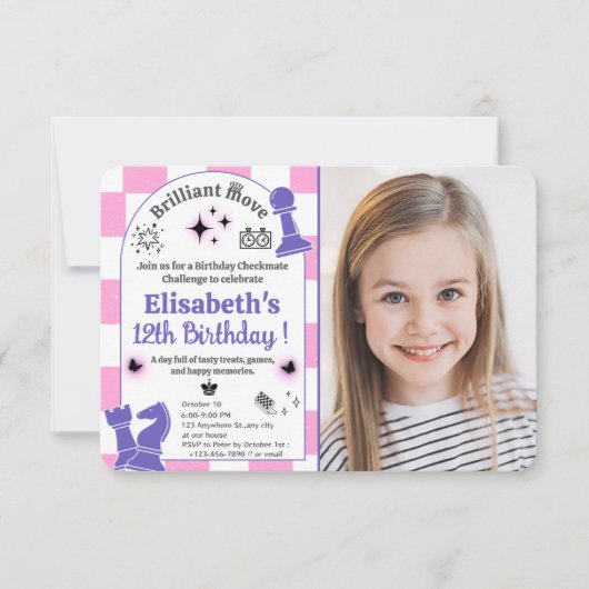Schaakverjaardagsfeestje voor meisjes met aangepas kaart (Voorkant)