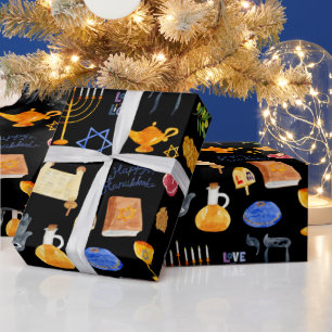 Schaakzame Waterverf Hanukkah Illustratiepatroon Cadeaupapier