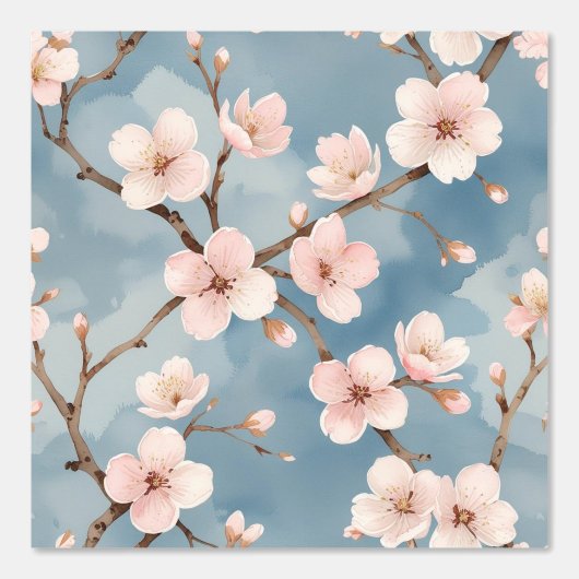 Schaal en Sticker Kersenbloesem Waterverf Blauw Behang (Voorkant)