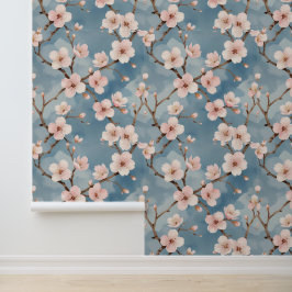 Schaal en Sticker Kersenbloesem Waterverf Blauw Behang