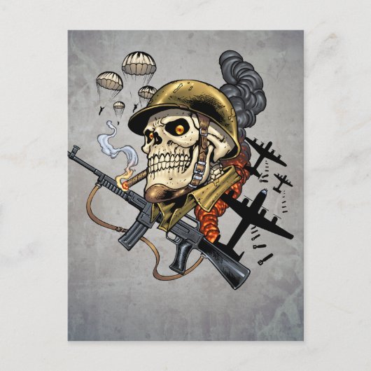 Schaal met helm, vliegtuigen en bommen briefkaart (Voorkant)