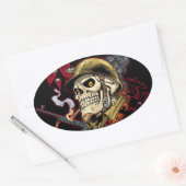 Schaal met helm, vliegtuigen en bommen ovale sticker (Envelop)