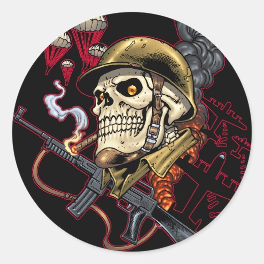 Schaal met helm, vliegtuigen en bommen ronde sticker (Voorkant)