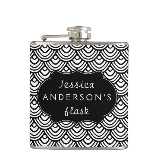 Schaalbaar Scallop Patroon Aangepast zwart-wit Heupfles (Voorkant)