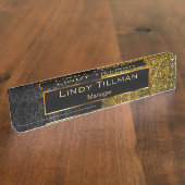 Schaalbare, donkerbruine glitter en zwarte Damask Naambordje (Zijkant)