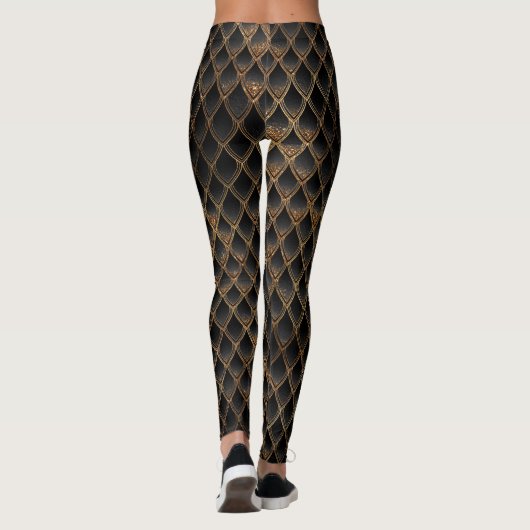 Schaalbare zwarte en gouden glitterdragoschalen leggings (Achterkant)