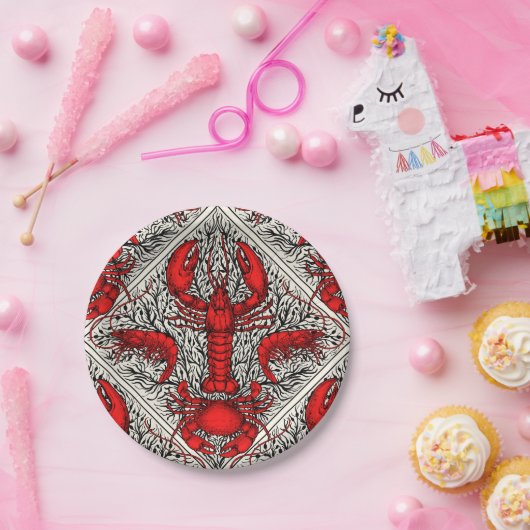 Schaaldieren in rood, zwart en ivoor papieren bordje (Feest)