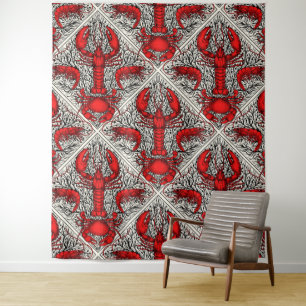 Schaaldieren in rood, zwart en ivoor wandkleed