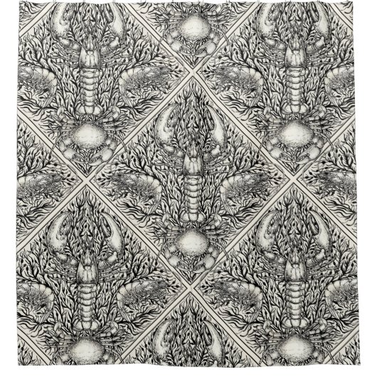 Schaaldieren in zwart en natuurlijk wit douchegordijn (Voorkant)