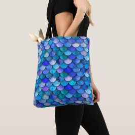 Schaalpatroon met blauwe en paarse zeemeermin tote bag