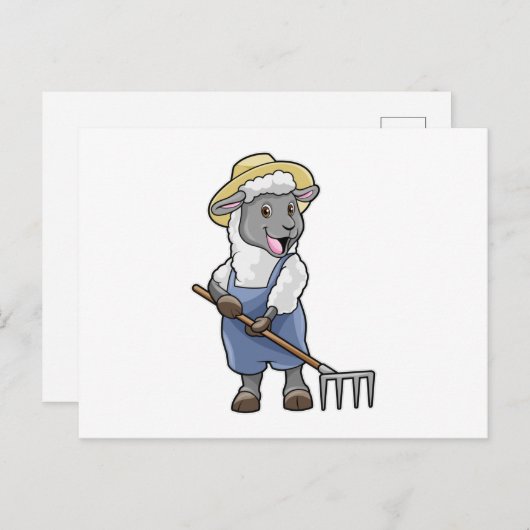 Schaap als boer met hark en hoed briefkaart (Voorkant / Achterkant)