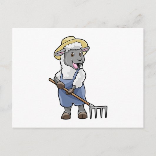 Schaap als boer met hark en hoed briefkaart (Voorkant)