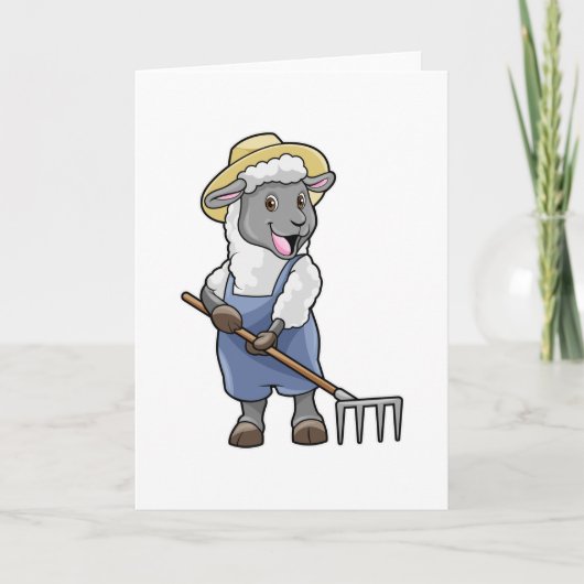 Schaap als boer met hark en hoed kaart (Voorkant)