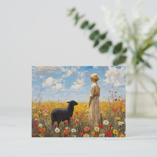 Schaap en herderin met wilde bloemen briefkaart (Staand voorkant)