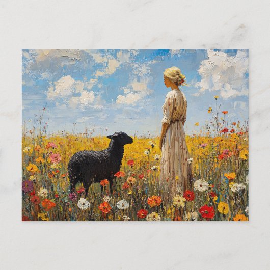 Schaap en herderin met wilde bloemen briefkaart (Voorkant)